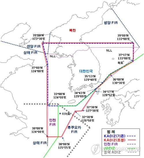 지난 8일 제주도 남단의 이어도까지 확대한 새로운 한국방공식별구역(KADIZ) >