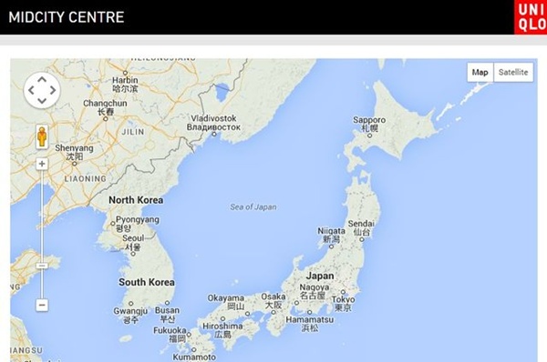 유니클로 홈페이지에 게시된 지도, 동해가 '일본해'로만 표기된 것을 확인할 수 있다.