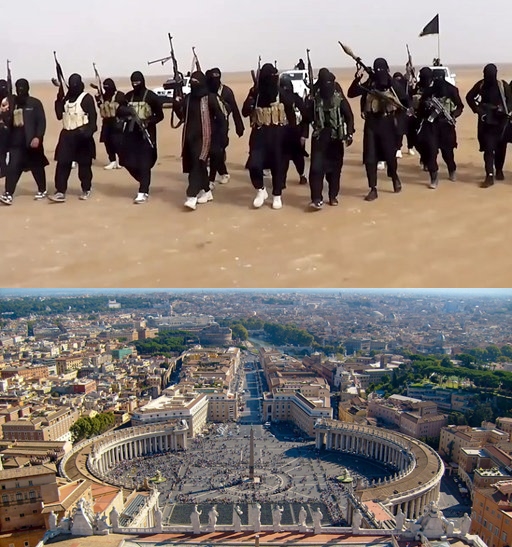 IS의 모습(위)과 바티칸 시티(아래)