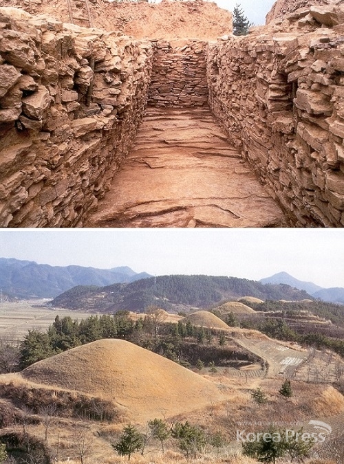  ▲함안군과 경남발전연구원이 발굴조사를 한 아라가야 최후의 왕묘와 석실 내부의 모습