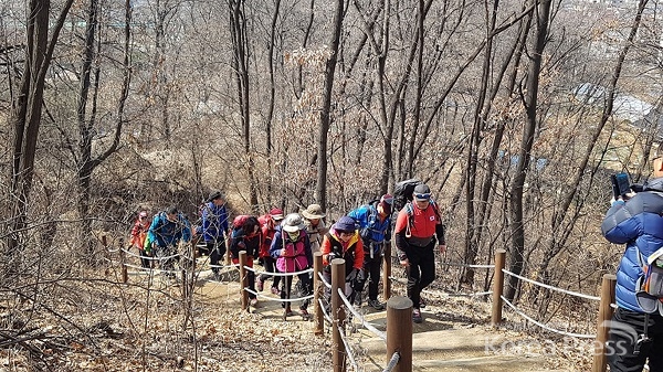 성남시 등산교실 참여자들이 지난해 3월 성남누비길 2구간인 검단산을 오르고 있다.