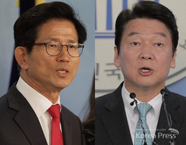 바른미래당 안철수, 자유한국당 김문수(좌) 서울시장 두 후보가 선후로 11일 국회 정론관에서 기자회견을 열고 기자회견을 열고 있다.