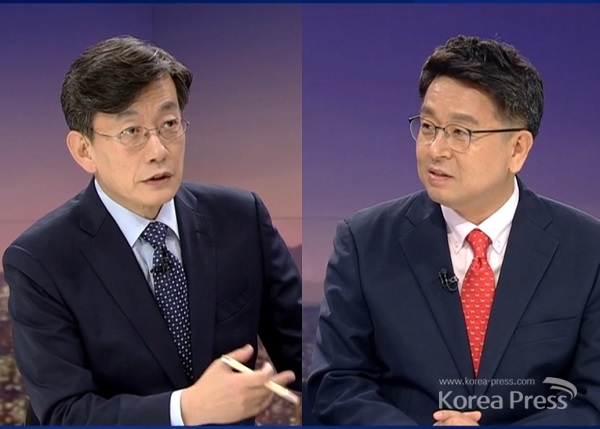 더불어민주당 이철희 의원이 5일 저녁 JTBC 뉴스룸에 출연해서 손석희 앵커와 대담을 나누는 장면을 갈무리했다.
