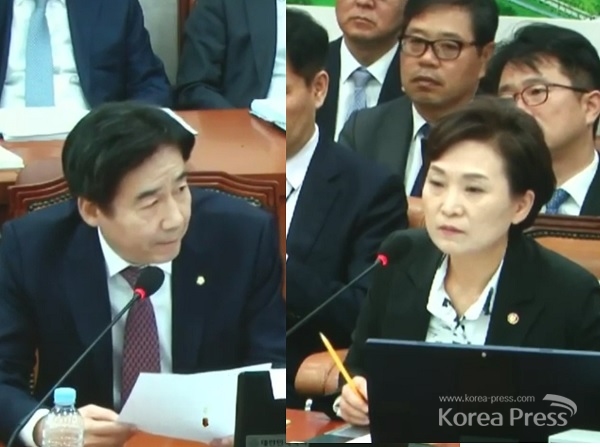 무소속 이용호 의원이 21일 오후 국회 본청에서 열린 2019년 국토교통부 국정감사에서 김현미 장관을 상대로 타워크레인 정밀검사 비용에 대해 “다시 들여다보겠느냐?”는 질의를 하고 있다.