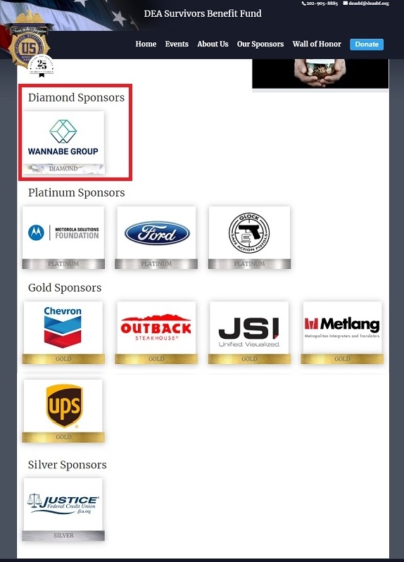 미국 미국 DEA 생존자 혜택 기금 홈페이지를 갈무리했다. 전영철 회장의 워너비그룹은 다이아몬드 등급임을 알 수 있으며, 각 등급에 오른 기업 상표 디자인은 해당 기업의 홈페이지로 링크되어 있다.